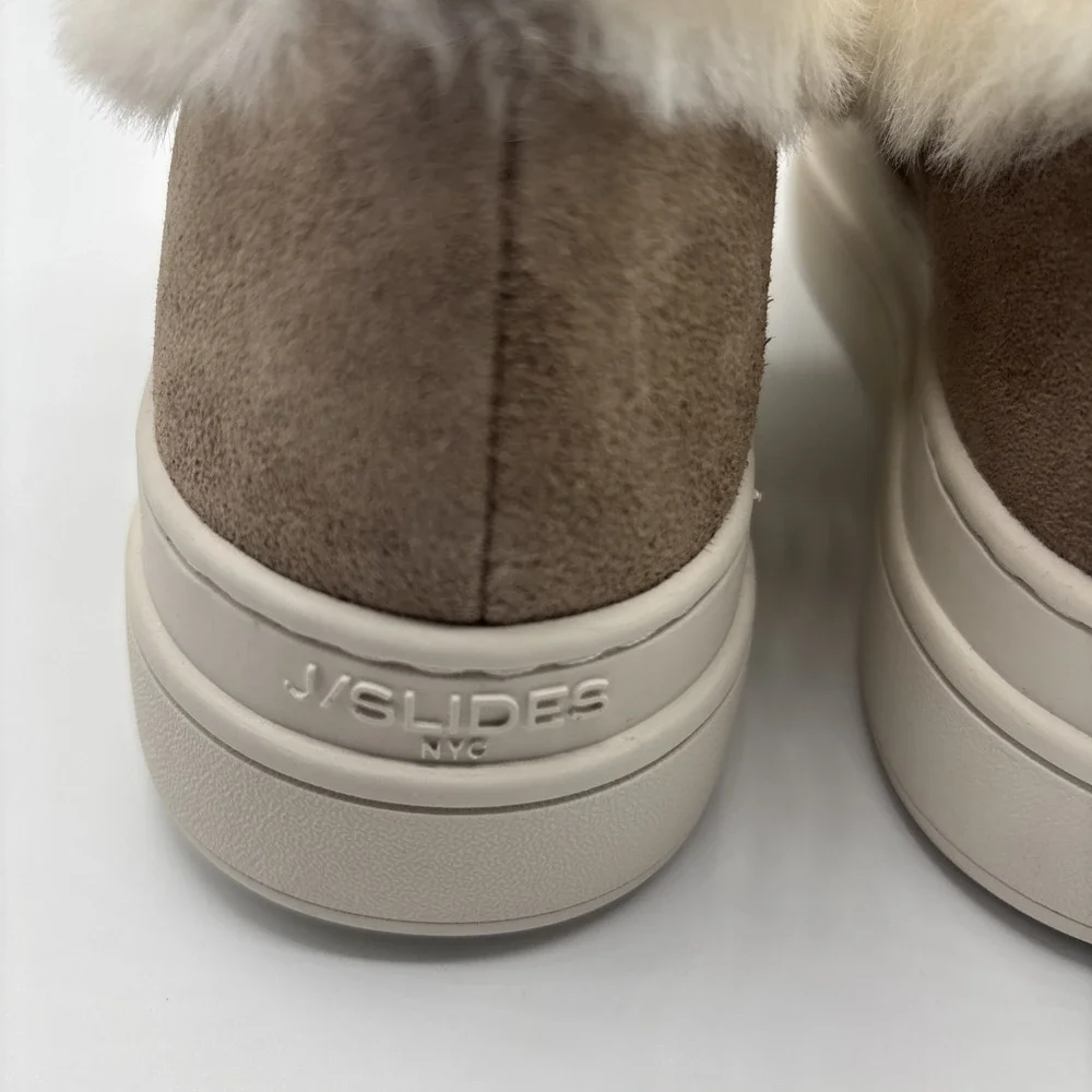J Slides NYC Taupe Suede Neel Fur Trim Slip On Sneaker‎ Size 6M